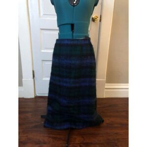Rannoch Designs Scotland Vintage Mohair Blue + Green Plaid Kilt Skirt, AU 14